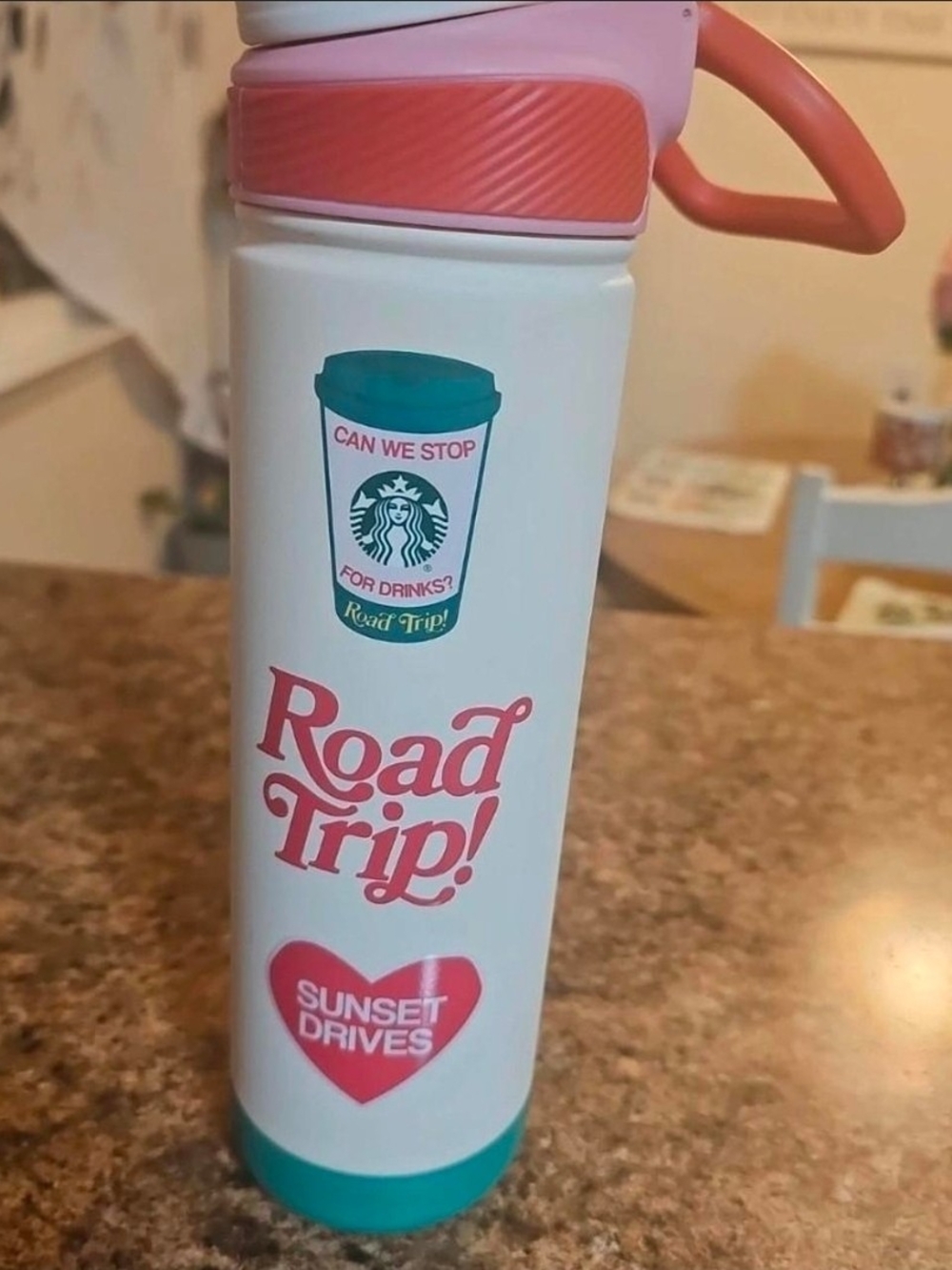 Starbucks Road Trip! Kids Water Bottle - White with Pink and Teal Accents